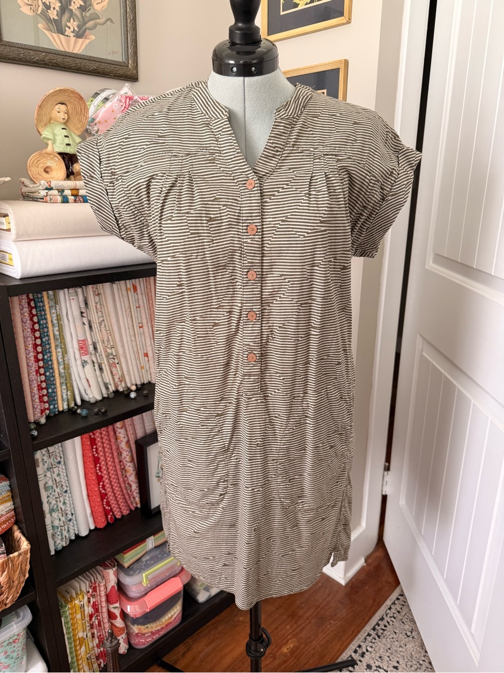 REI Beige and Olive Striped Short-Sleeve Shirt Mini Dress